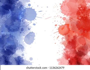 Watercolor abstract splashes background in France flag colors. Template for national holidays or celebration background.