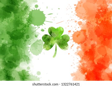 Watercolor abstract splashes background in Ireland flag colors. With abstract green clover leaf - symbol for Irish holiday St. Patrick's day. Template for holiday poster, banner, invitation