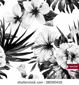 watercolor abstract tropical vector pattern, black and white