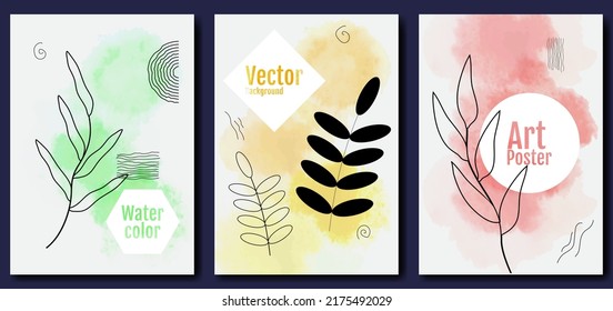 Watercolor abstract vector illustration. Leaves art poster. Set of brochures or posters. 