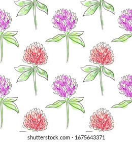 Watercolor abstract vector wild clover flowers seamless pattern. Decorative graphic card, art design, herbal wallpaper, vintage scrap book, wrapping paper, texture