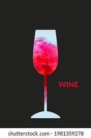 Watercolor abstract wine background with red wine glass and watercolor texture.  For wine list, label, food and drink background.