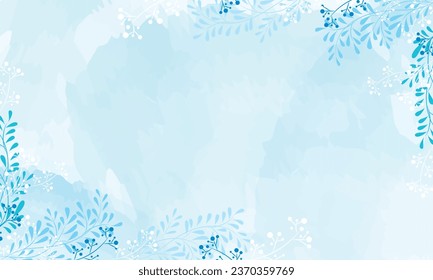  Watercolor abstract winter background with flower and seasonal leaves. Hand painted leaves, watercolor, snowy texture, botanical white leaves hand drawn in cold colors.