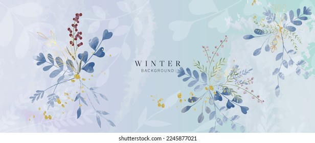 Watercolor abstract winter botanical background vector illustration. Hand painted watercolor winter wild leaf branch with gold texture line art. Design for poster, wallpaper, banner, card, decoration.