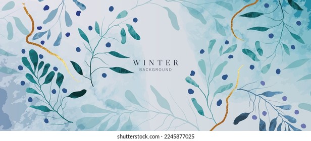 Watercolor abstract winter botanical background vector illustration. Hand painted watercolor winter wild leaf branches with elegant gold streak. Design for poster, wallpaper, banner, card, decoration.