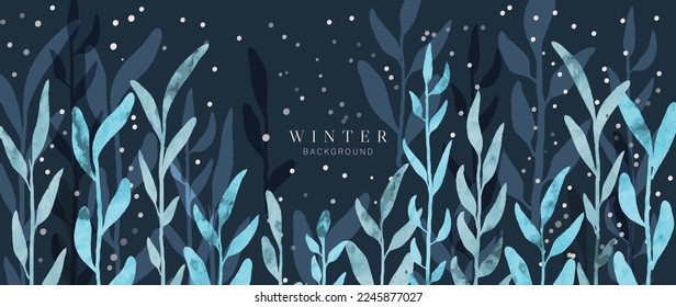 Watercolor abstract winter botanical background vector illustration. Hand painted watercolor winter wild leaf branches with snow background. Design for poster, wallpaper, banner, card, decoration.