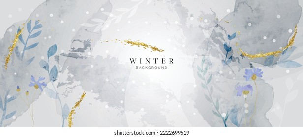 Watercolor abstract winter botanical leaves background vector illustration. Hand drawn winter leaf branches with gold brush stroke texture. Design for print, banner, poster, wallpaper, decoration.