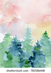 Watercolor abstract woddland, fir trees silhouette with ashes and splashes, winter background hand drawn illustration