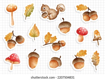 Watercolor acorn, squirrel and mushroom. Autumn season sticker vector illustration