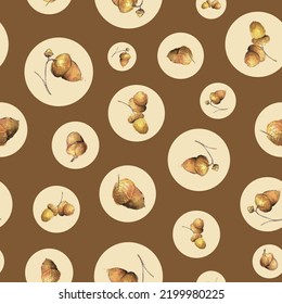 Watercolor acorns on beige background. Vector seamless pattern. Hand drawn vector image for wrapping, wallpaper or covers.