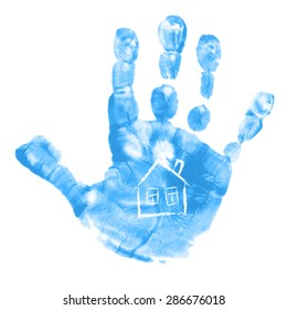 Watercolor / acrylic blue kids hand print with hand drawn symbol. Isolated children / adult palm print on white background. Kids crafts.
