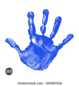 Watercolor / acrylic blue kids handprint isolated on white background. Isolated children / adult palm print. Kids crafts. Vector eps 10 illustration