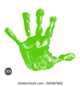 Watercolor / acrylic green kids handprint isolated on white background. Isolated children / adult palm print. Kids crafts. Vector eps 10 illustration