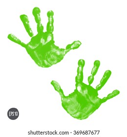 Watercolor / acrylic green kids handprints isolated on white background. Isolated children / adult palm print. Kids crafts. Vector eps 10 illustration