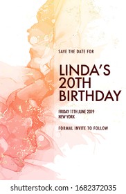 Watercolor acrylic ink cloud splash, liquid flow, abstract pattern with gold foil. Business antique blush red yellow coral abstract ink. Save the date birthday poster. Vector.