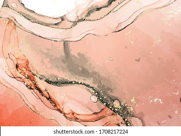 Watercolor acrylic ink cloud splash, liquid flow, abstract pattern with gold foil. Background antique blush red yellow coral abstract ink. Vector
