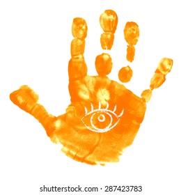 Watercolor / acrylic orange kids handprint with hand drawn symbol. Isolated children / adult palm print on white background. Kids crafts.