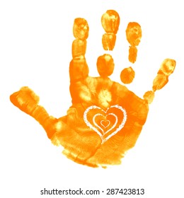 Watercolor / acrylic orange kids handprint with hand drawn symbol. Isolated children / adult palm print on white background. Kids crafts.