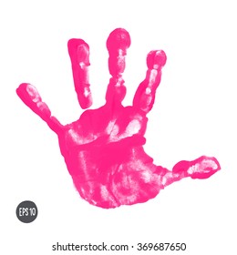 Watercolor / acrylic pink kids handprint isolated on white background. Isolated children / adult palm print. Kids crafts. Vector eps 10 illustration