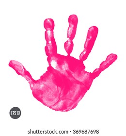 Watercolor / Acrylic Pink Kids Handprint Isolated On White Background. Isolated Children / Adult Palm Print.  Kids Hand Print Crafts. Vector Eps 10 Illustration Isolated On White Background.