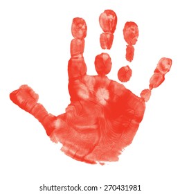 Watercolor / acrylic red kids handprint isolated on white background. Isolated children / adult palm print. Kids crafts.