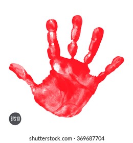 Watercolor / acrylic red kids handprint isolated on white background. Isolated children / adult palm print.  Kids hand print crafts. Vector eps 10 illustration isolated on white background.