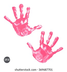 Watercolor / Acrylic Rose Kids Handprints Isolated On White Background. Isolated Children / Adult Palm Print. Kids Hand Print Crafts. Vector Eps 10 Illustration Isolated On White Background.