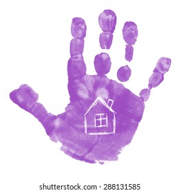 Watercolor / acrylic violet kids handprint with hand drawn symbol. Isolated children / adult palm print on white background. Kids crafts.