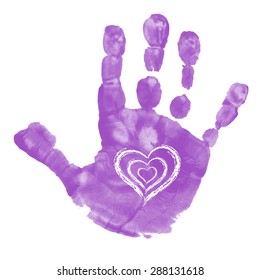 Watercolor / acrylic violet kids handprint with hand drawn symbol. Isolated children / adult palm print on white background. Kids crafts.