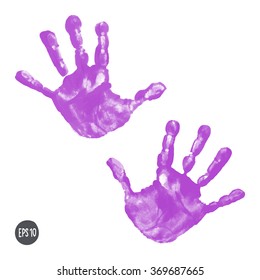 Watercolor / acrylic violet kids handprints isolated on white background. Isolated children / adult palm print. Kids crafts. Vector eps 10 illustration