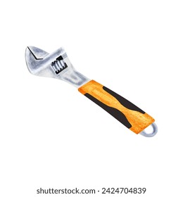 Watercolor adjustable spanner isolated on white background. Hand drawn illustration.