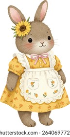 Watercolor Adorable Dressed Rabbit with Sunflower Decoration and Floral Dress Illustration