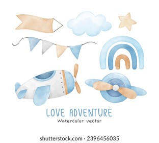 Watercolor adventure element for kids Perfect for nursery Birthday party boy Print for invitation card Poster Template