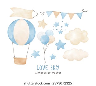 Watercolor adventure in sky element for kids Perfect for nursery Birthday party boy Print for invitation card Poster Template