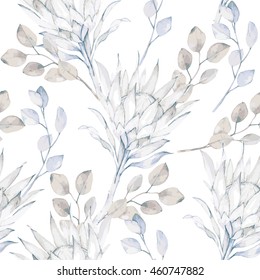 Watercolor African Protea And Eucalyptus Leaves Pattern. Seamless Motif With Painted Floral Elements On White Background For Wrapping, Wallpaper, Fabric, Decoration Print. Vector Illustration