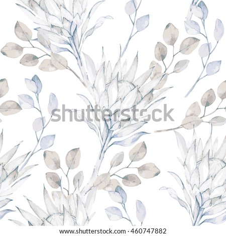 Watercolor african protea and eucalyptus leaves pattern. Seamless motif with painted floral elements on white background for wrapping, wallpaper, fabric, decoration print. Vector illustration