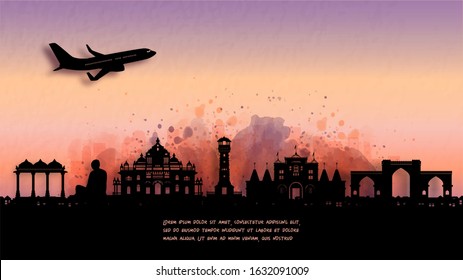 Watercolor of Ahmedabad, India silhouette skyline and famous landmark. vector illustration.