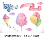 Watercolor air. Kite, airplane, cotton candy and clouds, balloons. Vector icon set