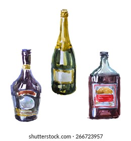 Watercolor Alcohol Bottles Set On A White Background