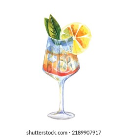 Cóctel de alcohol acuático con limón, hielo y menta. Vidrio de verano aislado a mano sobre fondo blanco. Ilustración artística.