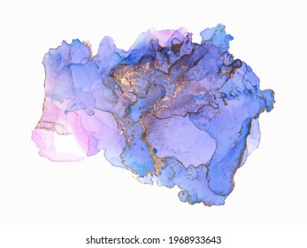 Watercolor alcohol ink colorful liquid drop splash design, artistic background with golden dust. Blue violet color paper card, grunge texture wallpaper, abstract drawing banner. Vector illustration