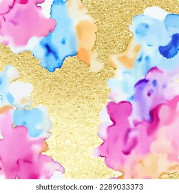 Watercolor, alcohol ink fluid wallpaper with gold, pink, purple and blue colors, luxury, rich grunge background with metal golden foil