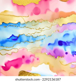 Watercolor, alcohol ink fluid wallpaper with gold, purple and blue colors, luxury, rich grunge background with metal golden foil