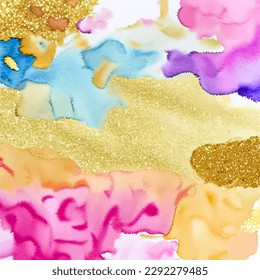 Watercolor, alcohol ink fluid wallpaper with gold, purple and blue colors, luxury, rich grunge background with metal golden foil