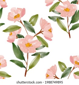 Watercolor almond flower blossom with tree branch and leaves. Floral seamless pattern. Trendy botany wallpaper