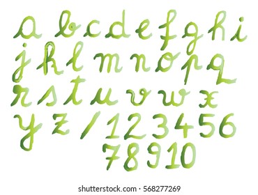 Watercolor alphabet and numbers with green shades