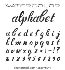 Watercolor Alphabet. Painted Vector Font.
Hand-painted black watercolor cursive letters on the white background. Type letters, numbers and punctuation marks.