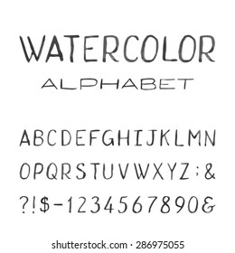 Watercolor Alphabet. Painted Vector Font.
Hand-painted black watercolor letters on the white background. Type letters, numbers and punctuation marks.