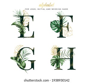 Watercolor alphabet set of E, F, G, H with tropical leaves. for logo, cards, branding, etc