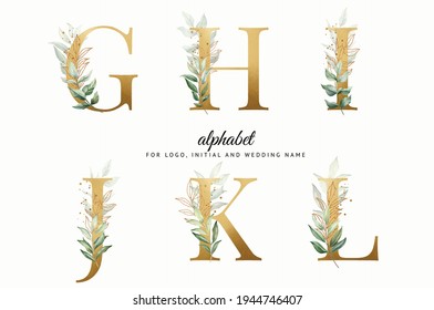 Watercolor alphabet set of G, H, I, J, K, L with beautiful greenery. for logo, cards, branding, etc